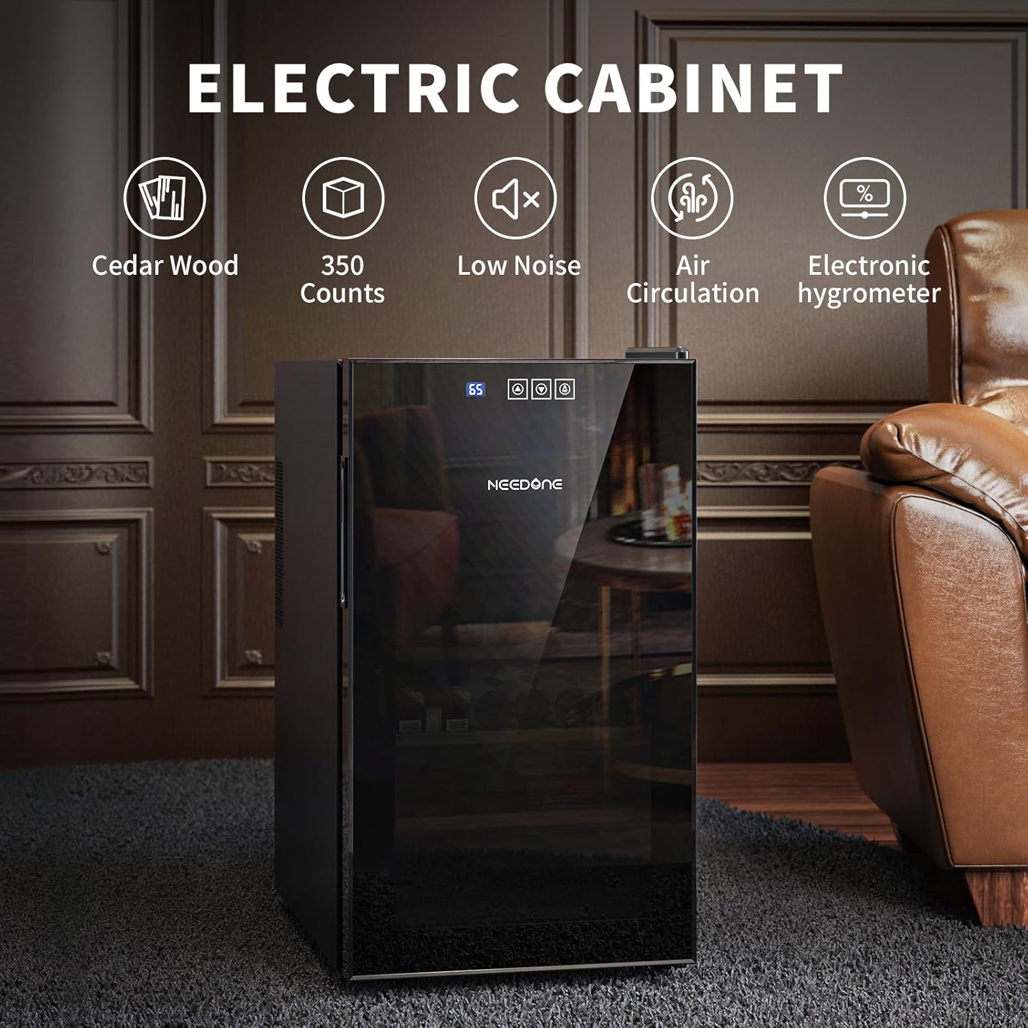 NEEDONE 300 Count Electric Cabinet, Made with Spanish Cedar Wood Shelves & Drawer with Hygrometer, LED Lighting, Cooling Function, Gift for Men