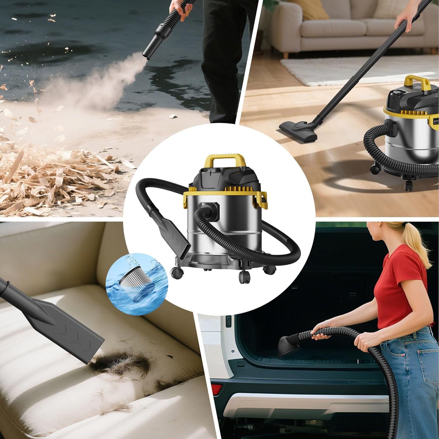 5.5-Gallon Premium Stainless Steel Wet/Dry VacuumCleaner, 12-Foot Power Cord, 20KPa Powerful Suction withblower Function, Ideal for pet Hair, garages, Cars, andhome workshops.