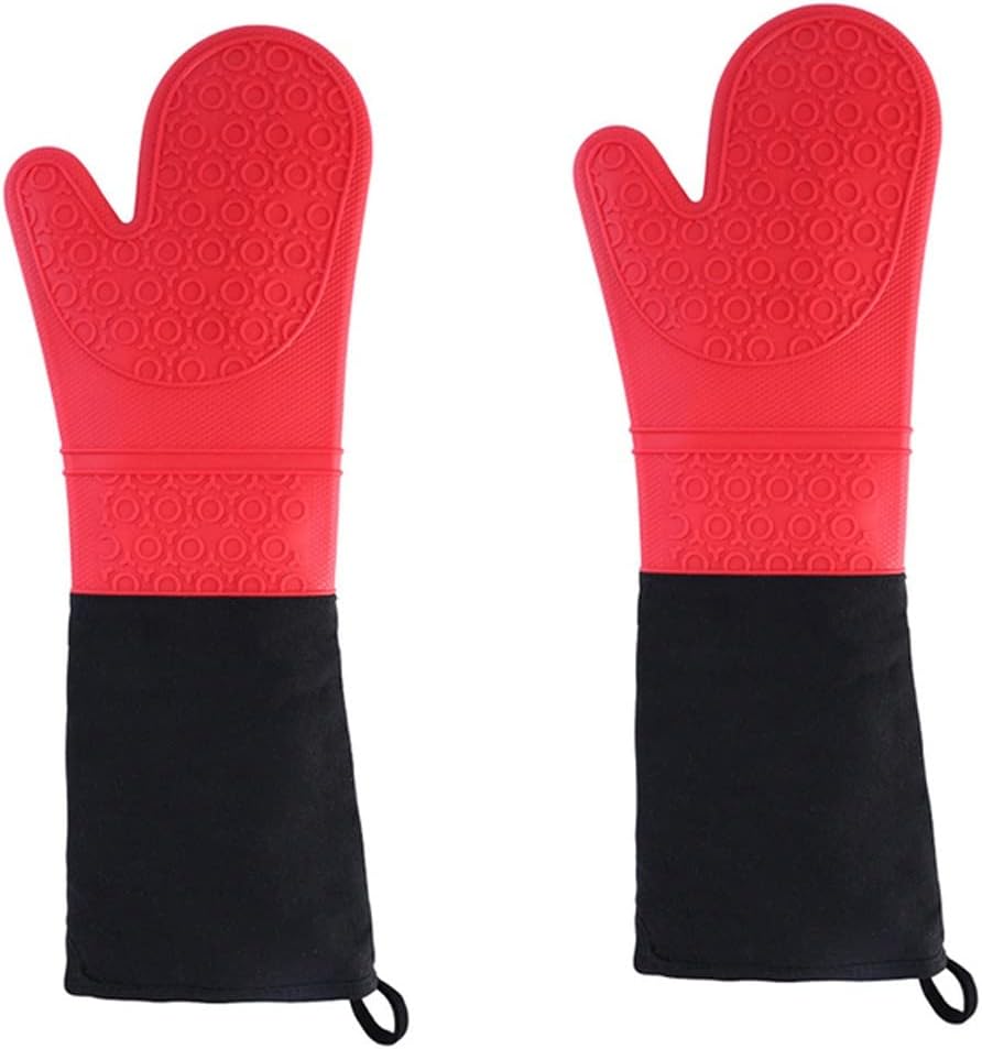 Lengthen Cotton Silicone Gloves Gloves Microwave Oven Mitts Non-Slip Pot Holders for Kitchen Baking(White-Dinosaur Doodle4)
