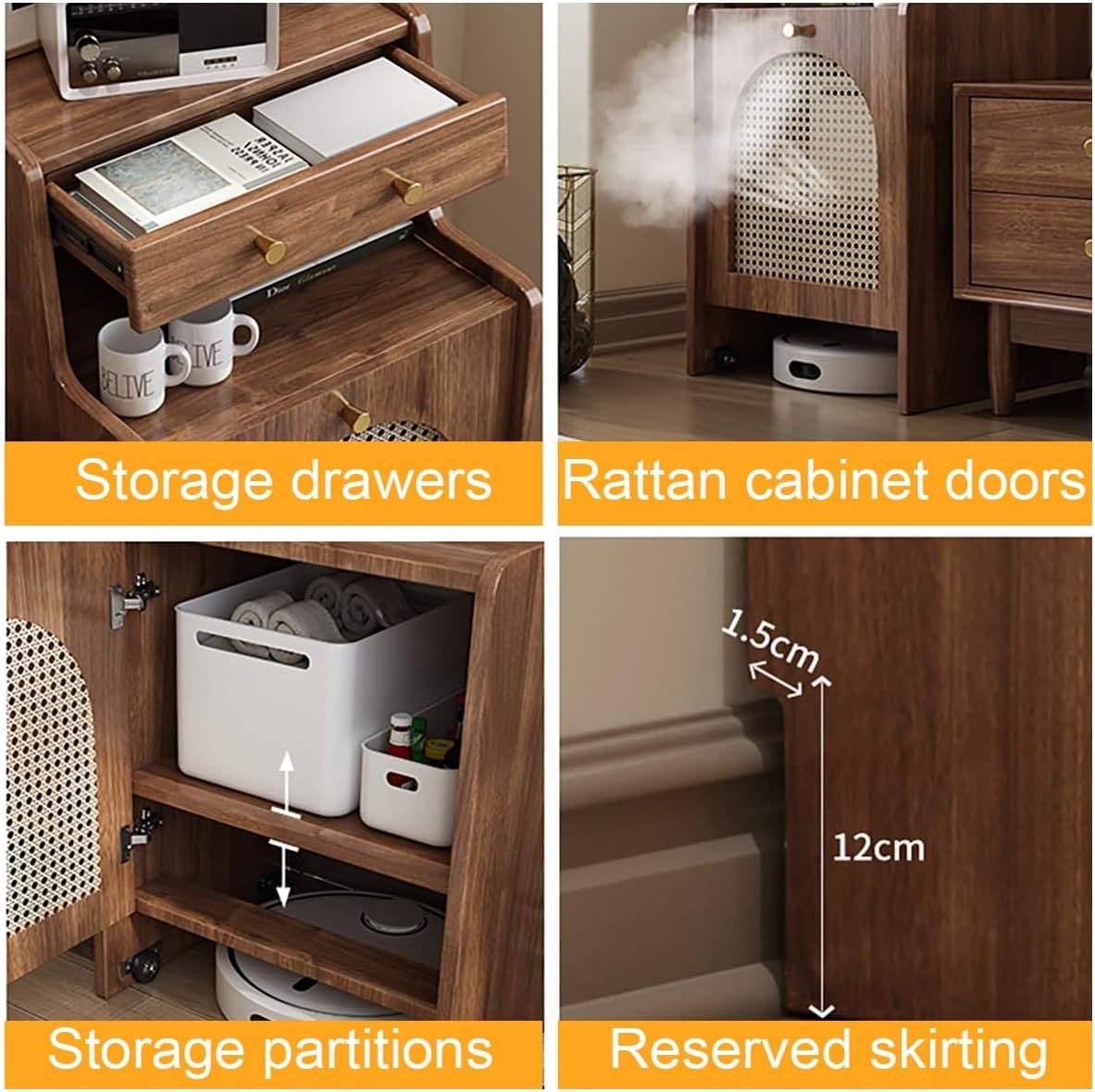 Robot Vacuum Storage Cabinet with Wheels, Hidden Organizer with Doors and Drawers for Sweeping Robots, Mobile Vacuum Rack for Living Room, Bedroom, Kitchen, Solid Wood, Easy Water Changing(Yellow)