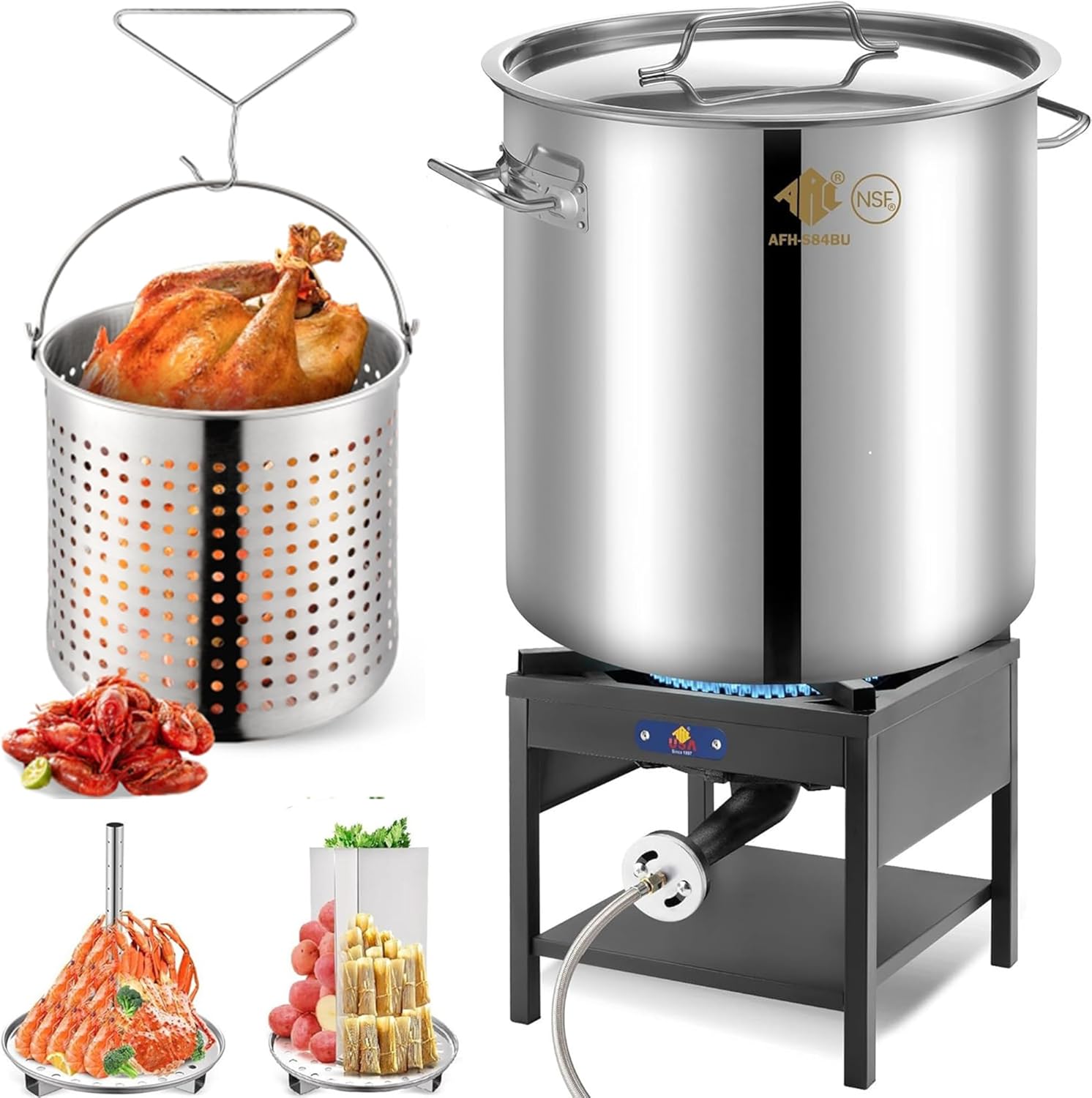ARC 84QT Stainless Steel Pot with 200,000BTU Propane Fryer, Seafood Boil Pot, Crab Boil Pot, Lobster Pot, Shrimp Boil Pot, Tamale Steamer Pot with Basket and Turkey Fryer Burner