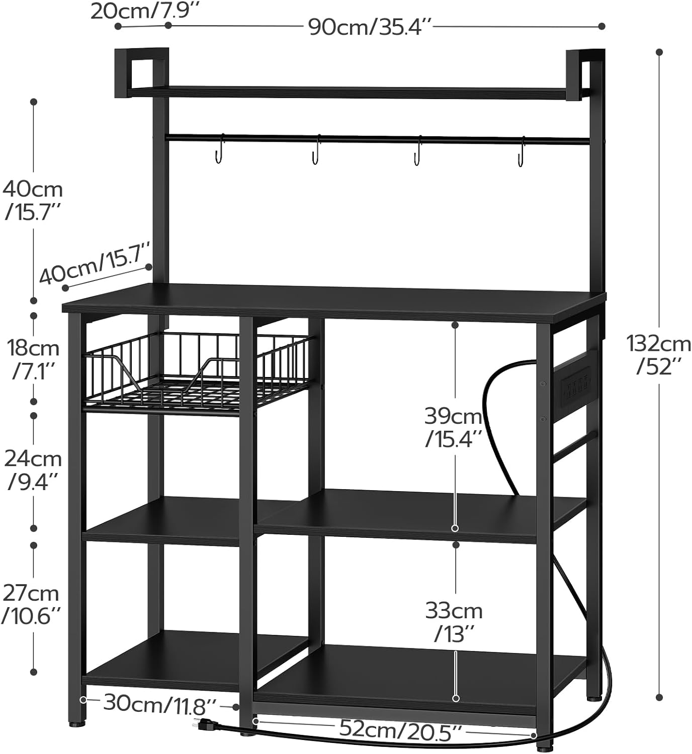 HOOBRO Kitchen Bakers Rack with Power Outlet, Coffee Bar, Microwave Oven Stand with Mesh Basket, Coffee Station with 4 S-Shaped Hook, Kitchen Shelf, for Dining Room, Living Room, Black BB05HB01