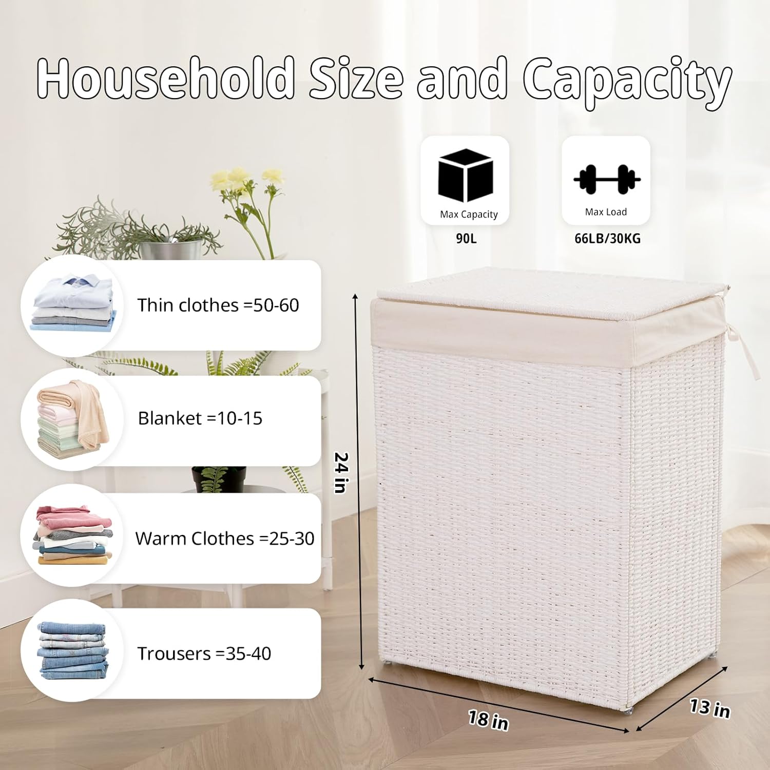 OIAHOMY Laundry Hamper with Lid, 23.8 Gal (90L) Wicker Hamper with Removable Liner Bags, Handwoven Clothes Basket with Handles, Foldable Woven Paper Rope Basket for Laundry Room, Bedroom-White