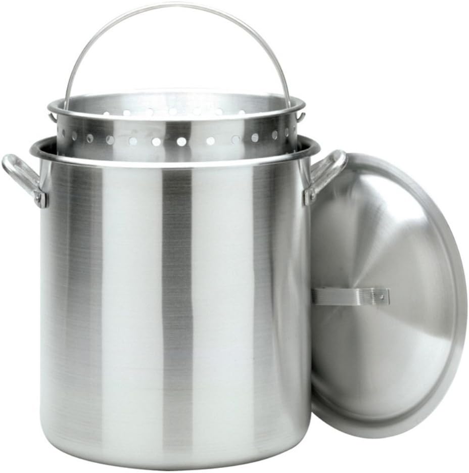 Bayou Classic 1200 120-qt Aluminum Bayou Boiler Features Heavy Duty Riveted Handles Reinforced Aluminum Boiling Basket w/Helper Handle Perfect For Seafood Boils Crawfish Boils and Peanut Boils