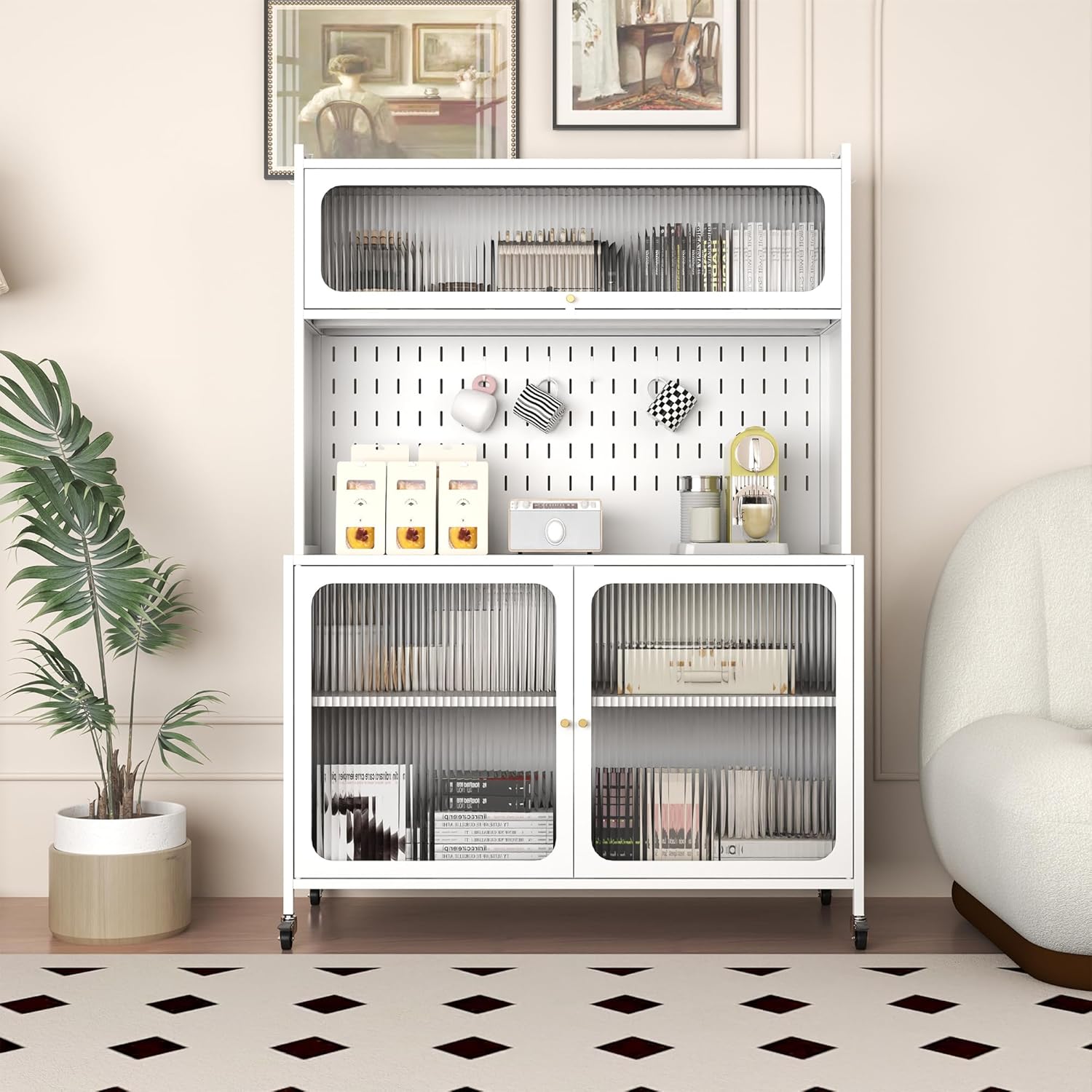 Kitchen Bakers Rack with Flip Door Cabinet, Metal Microwave Stand with Storage Cabinet and Metal Pegboard Panels for Kitchen, Pantry, Home(White)