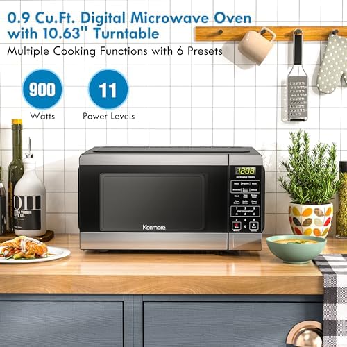 Kenmore Countertop Microwave, 6 Auto-Preset Menus, Child Lock, Defrost & Express Cooking Features, 900 Watt, .9 Cu Ft, Stainless Steel