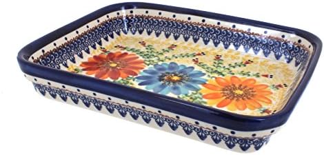 Blue Rose Polish Pottery - Orange Autumn Burst Small Rectangular Baker - 10.25