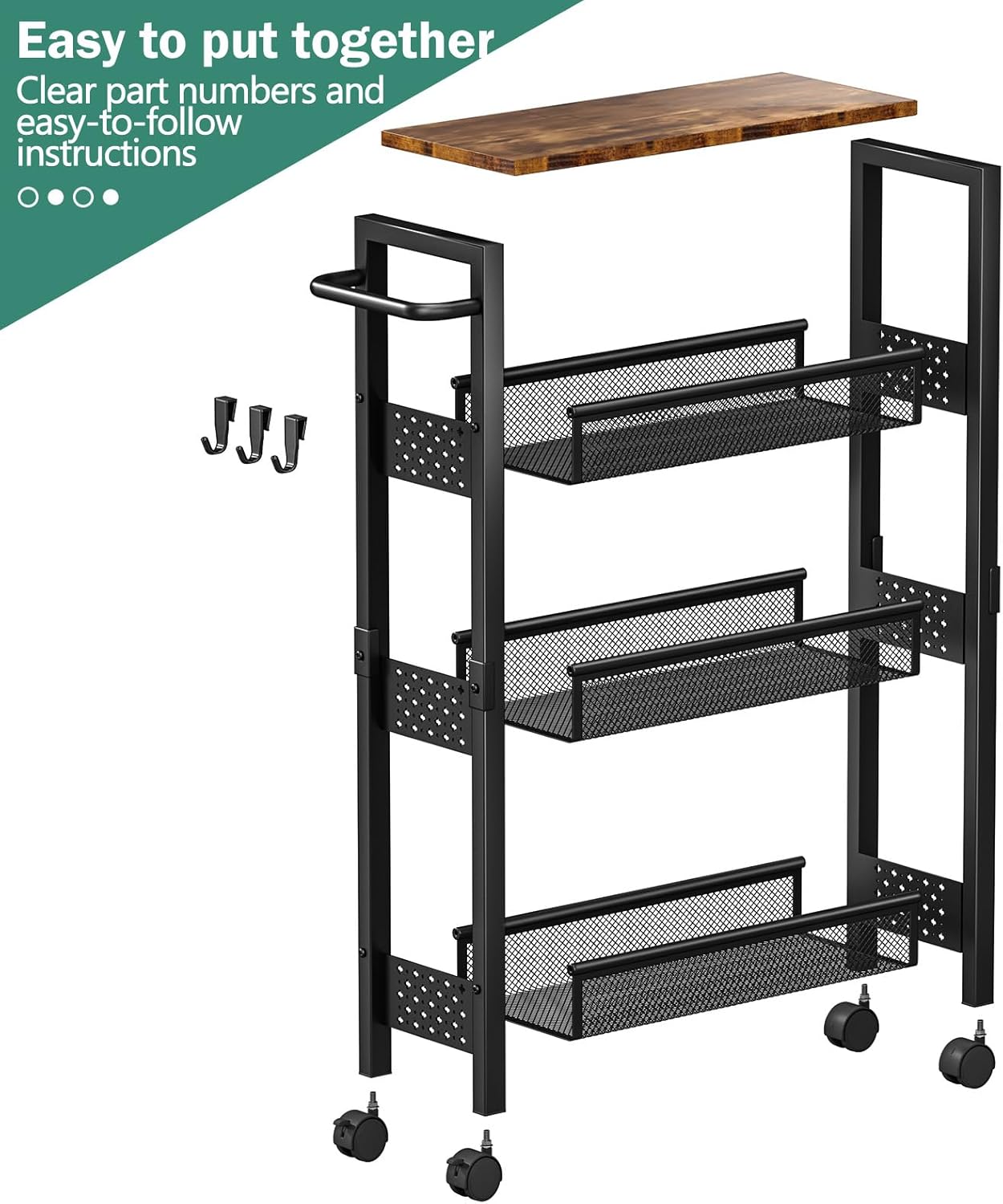 Utility Slim Storage Cart with Wheels, 4 Tier Small Rolling Cart with Wood Top, Metal Kitchen Bathroom Laundry Room Organization Trolley with Handle for Narrow Space – Black