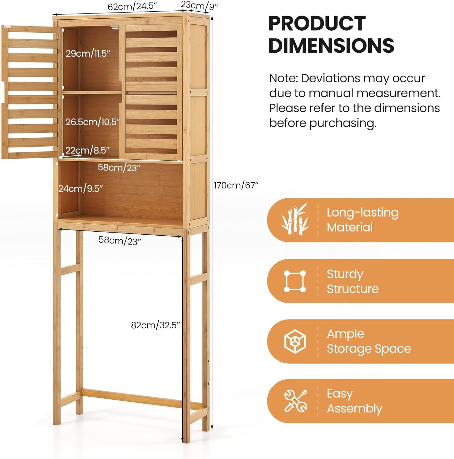 Giantex Over The Toilet Storage Cabinet, 3-Tier Bamboo Bathroom Space Saver with 2 Louver Doors, Open Shelf, Adjustable Bottom Bar, Over Toilet Bathroom Organizer for Laundry, Balcony, Restroom