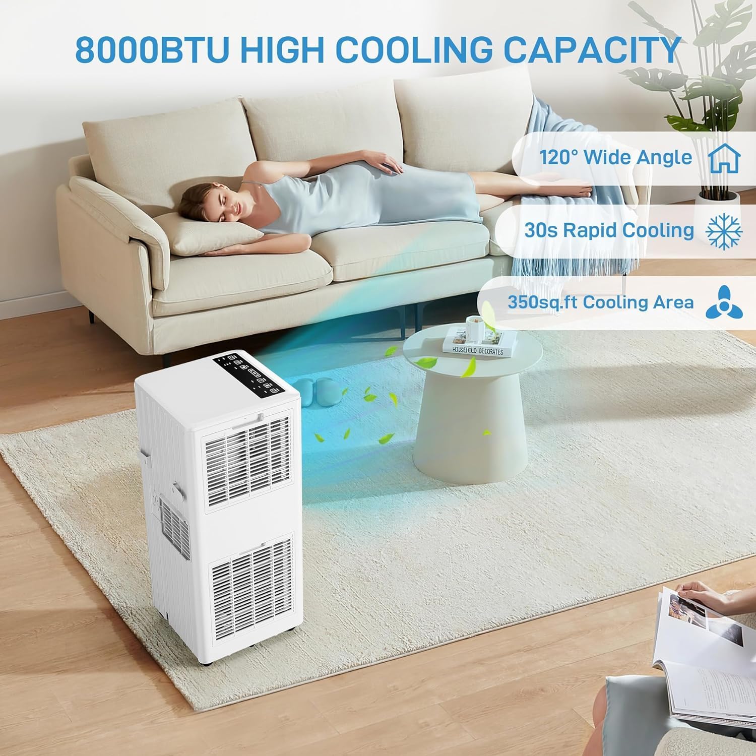 8,0000BTU Portable Air Conditioners, 3 in 1 Portable AC Unit with Remote Control, Portable Cooling Up to 350 sq.ft, with Dehumidifier, Fan, Cool, 24-Hour Timer, Portable AC for Indoor, Bedroom