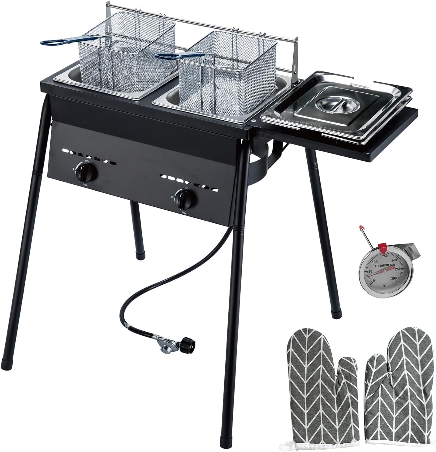 LetFeng Propane Deep Fryer with 2 Stainless Baskets and Steel Oil Tank Countertop Gas Fryer Adjustable Temperature Regulator Double Burners Commercial Fryer for Restaurant And Home Snack Bars Black