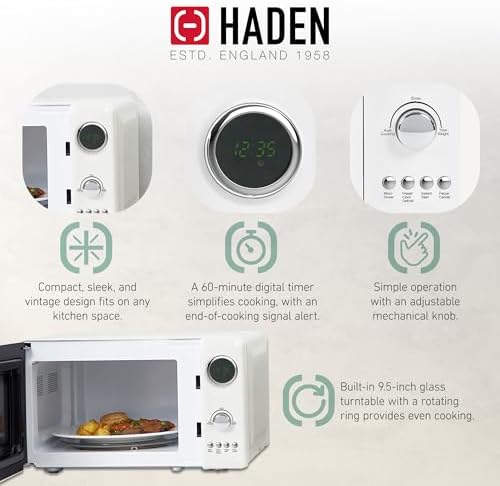 Haden 700 Watt 0.7 Cubic Foot Microwave Oven with Digital Controls, Defrost, and Instant Start Countertop Small Appliance, Ivory/Chrome