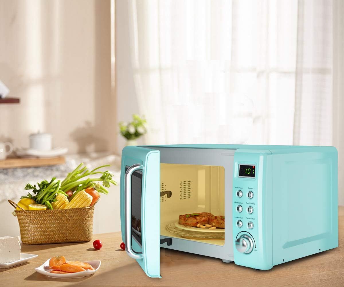 Retro Microwave Oven,Safeplus 0.7Cu.ft, Countertop 700W Microwaves with Cold Rolled Steel Plate 5 Micro Power Defrost & Auto Cooking Function LED Display Glass Turntable and Viewing Window Child Lock