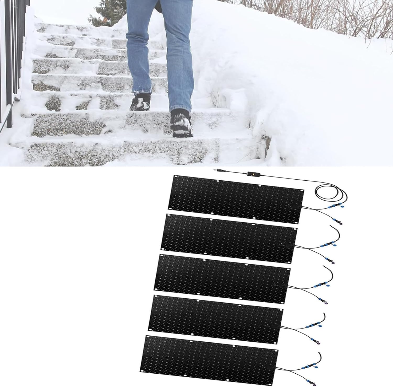 Snow Melting Stair Mats, 1/2/3/4/5 pcs Heated Snow Melting Mats, Non-Slip Rubber Snow and Ice Heated Pad, for Winter Outdoor Stairs, Steps, Doorways, Walkways, Driveway(5 Pcs,30x60cm/12x24in)