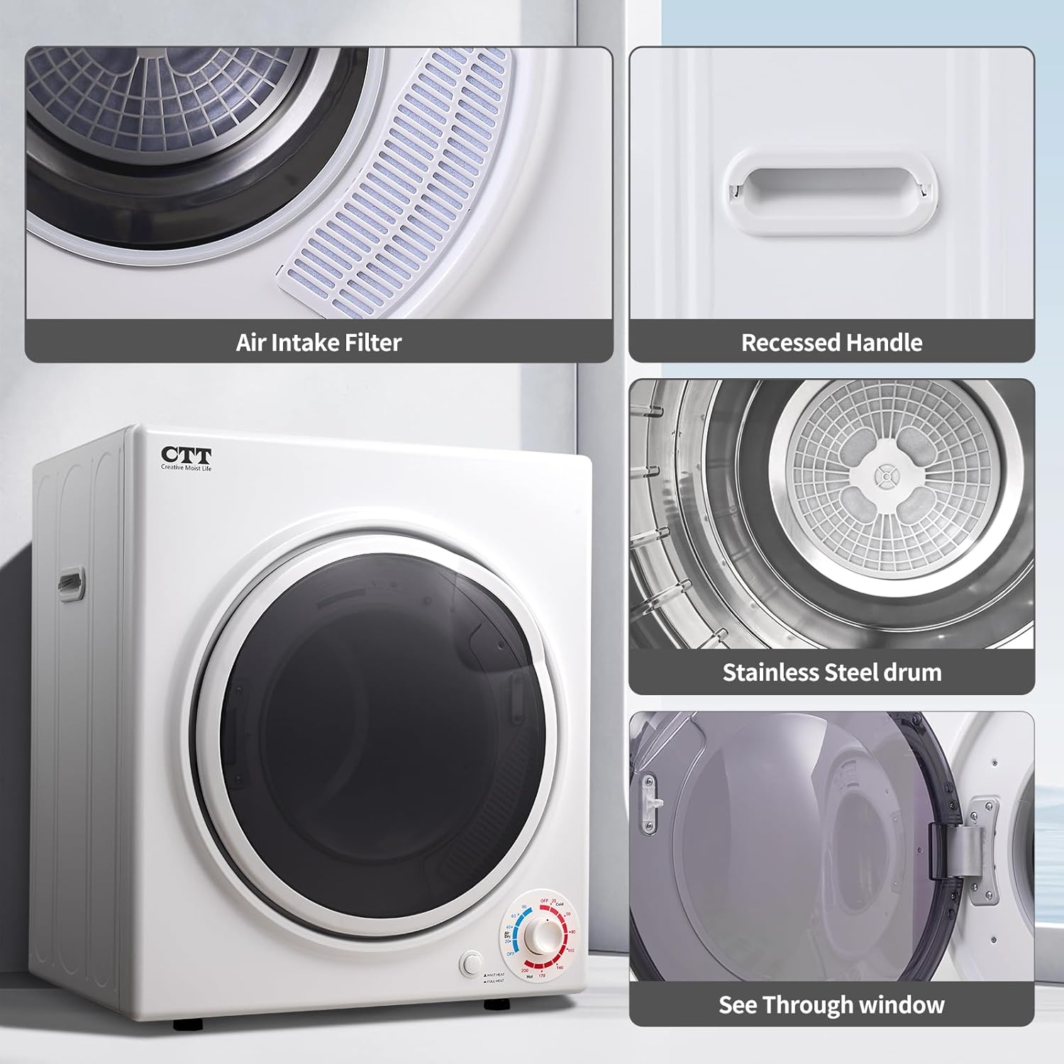 CTT 3.5 Cu. Ft. Clothes Dryer, 1500W Electric Dryers for Clothes, 110V Electric Clothes Dryer with Stainless Steel Drumble for 13.2 lbs. with 4 Automatic Drying Modes (White)
