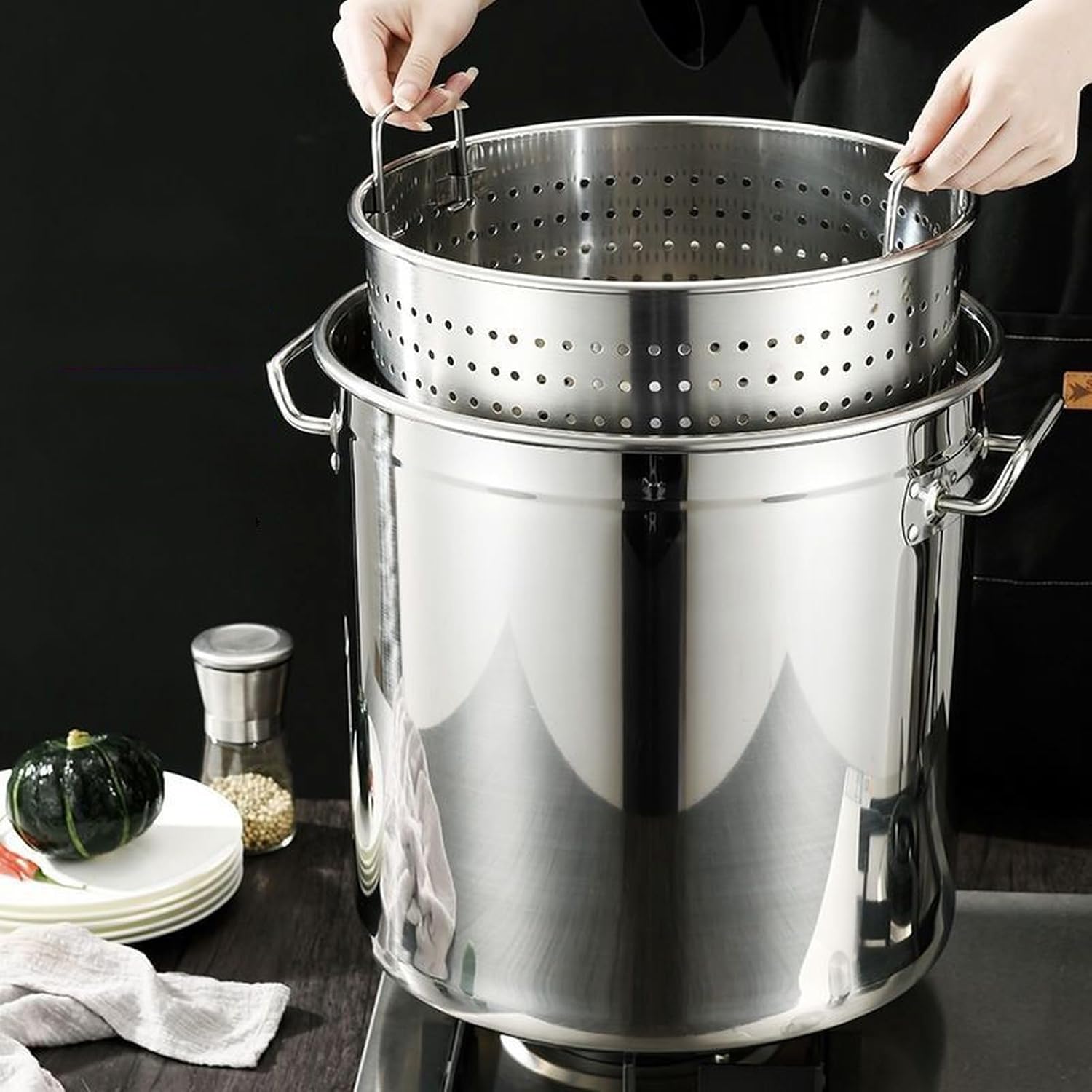Stainless Steel Seafood & Crawfish Boil Pot with Basket & Lid, Heavy-Duty Stock Pot for Outdoor Cooking, Turkey Fryer, Cafeteria, Party, Commercial Use