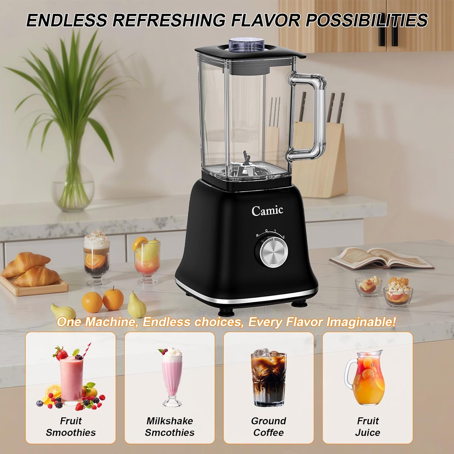 Glass Blenders for Kitchen with 750W, 54Oz. Countertop Blender Glass Jar Food Processor Combo, BPA-Free Blender for Smoothies, Ice Crush,Nuts, Frozen Drinks and Fruits (Black)