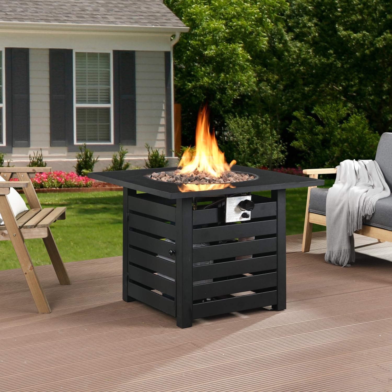 Fire Pit Table, 32-inch Square 50,000 BTU Auto-Ignition Propane Gas Firepit with Cover