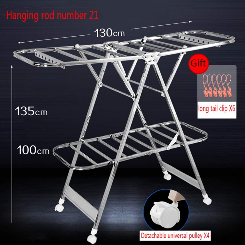Laundry Rack, Clothes Dryer Clothes Airers with 4 Wheels 2 Holder Folding Clothes Drying Rack Winged Air Dryer Multifunctional Drying Clothing Rack