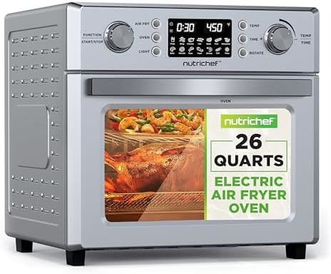 NutriChef 26QT Air Fryer Oven | Countertop Convection Toaster & Air Fryer | 360° Rotisserie Feature | 10 Digital Presets | Includes Drip Tray, Air Frying Basket & Bake Rack 15x16x14 | Stainless Steel