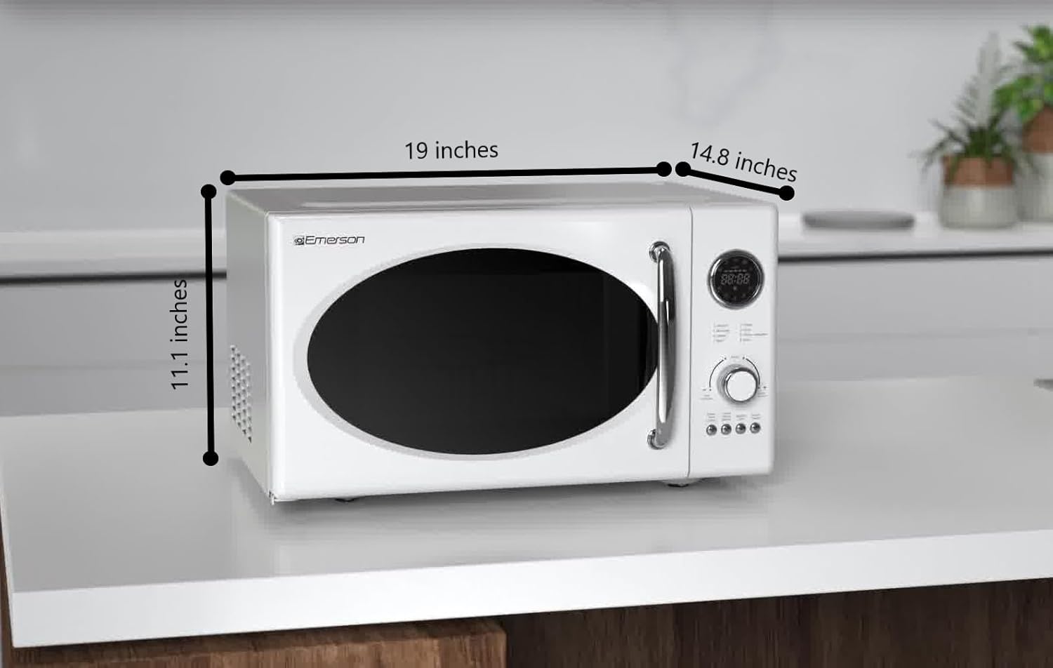 Emerson MWRG0901W 0.9 Cu. Ft. Retro Microwave with 1,000W Grill Function, 800W Cooking Power, LED Display, 5 Power Levels, 8 Auto Menus, Glass Turntable, Child Lock, White Countertop Design