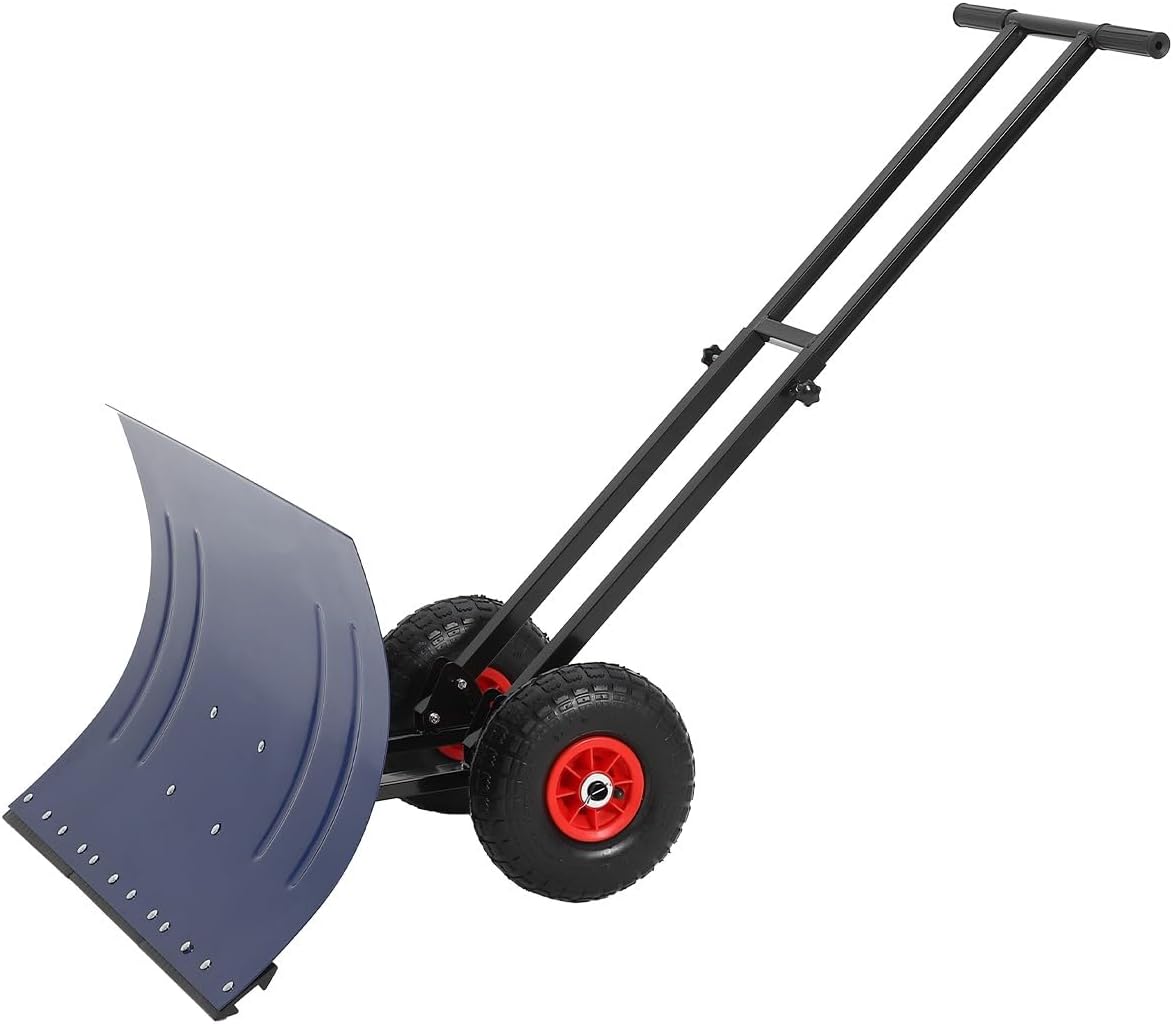Snow Shovel with Wheels, 29W x 20H Back Saver Snow Pusher with Adjustable Double Rod, Rubber Wheels, Heavy-Duty Metal Plow Blade, 5-Position Adjustment for Driveway & Sidewalk, Blue & Black