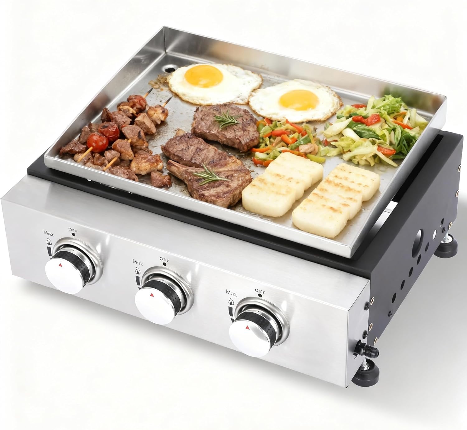 Professional 3-Burner Propane Gas Griddle, Stainless Steel Tabletop Grill, 28650 BTU, 13.19x17.91 Inch Cooking Surface, Portable with Regulator for Outdoor, Camping
