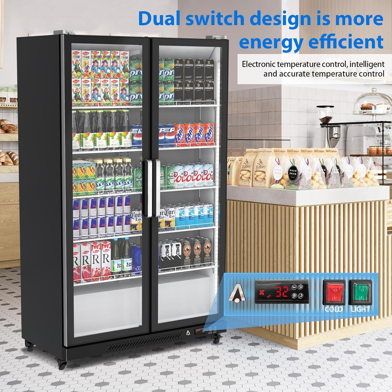 27.1 Cu.Ft Commercial Display Refrigerator Merchandiser, Glass Door Display Refrigerator with LED Light, 10 Adjustable Shelves, Beverage Cooler for Cafe Restaurant Store Bar