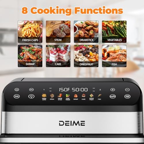 DEIME Dual Zone Air Fryer 10.6 QT Double 1800W Large Capacity Oven Air Fryers Healthy Cooker with 8 Preset, Large AirFryer for Families Visual Cooking Window, Non-Stick Basket, Included Recipe