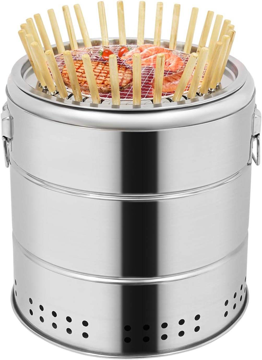 Portable Smokeless Barbecue Charcoal Barrel Grill, Stainless Steel Surround Charcoal Kebab Grill with 30 Skewers and BBQ Grill Cooking Grate, 2-In-1 Design Barbecue Charcoals Barrel Grills