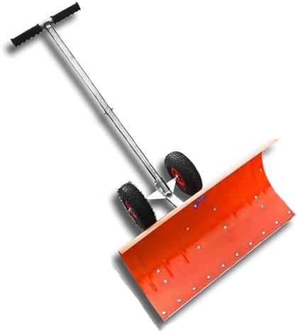Snow Shovel with Pneumatic Tire, Winter Outdoor Snow Removal Tool, Wheeled Snow Pusher, Cold-Rolled Steel Push Plate, Handle Height Adjustable