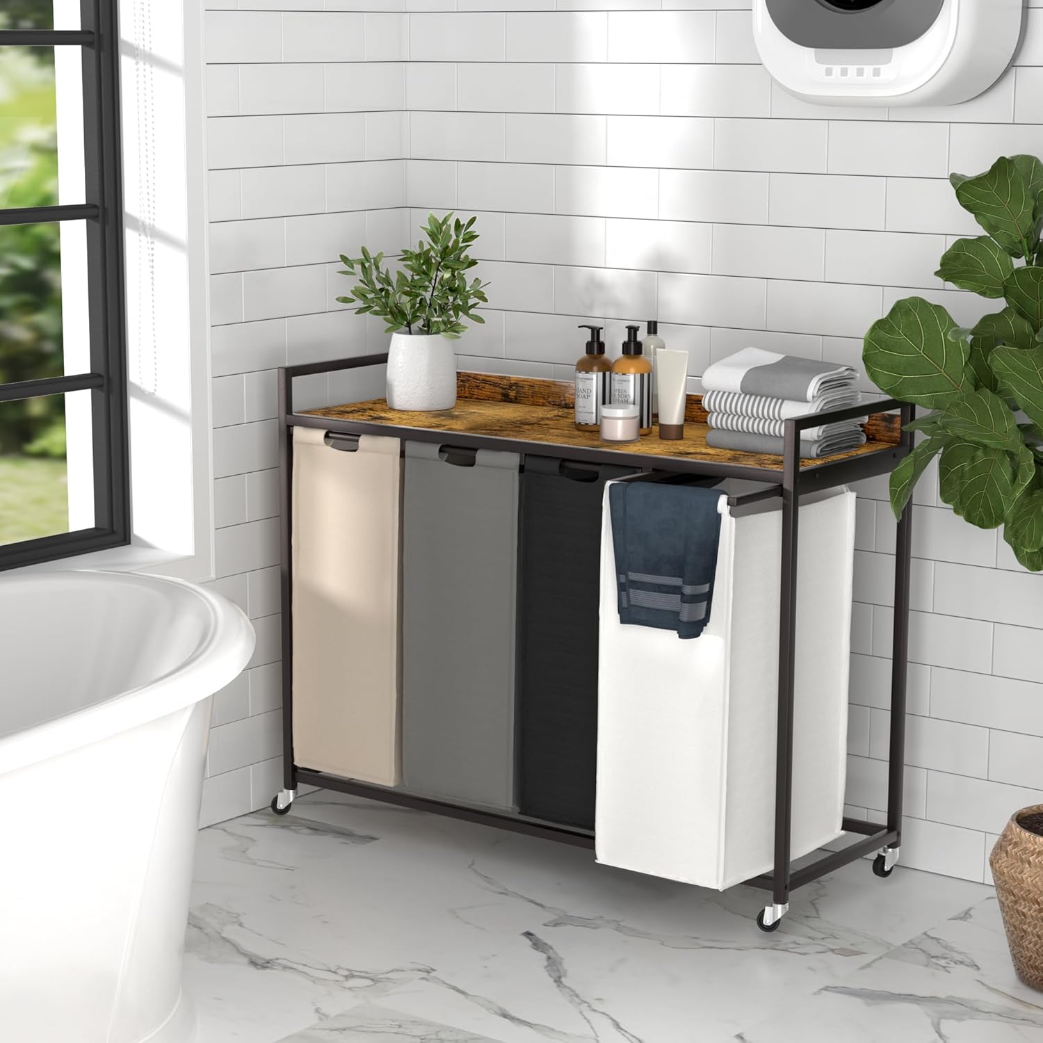 Laundry Hamper with Shelf, Laundry Basket 4 Section, Laundry Sorter with Pull-Out Removable Large 4 Color Bags and Movable Wheels, Metal Frame, 4 x 15.87 Gallons (60L), Rustic Brown PF07XLN