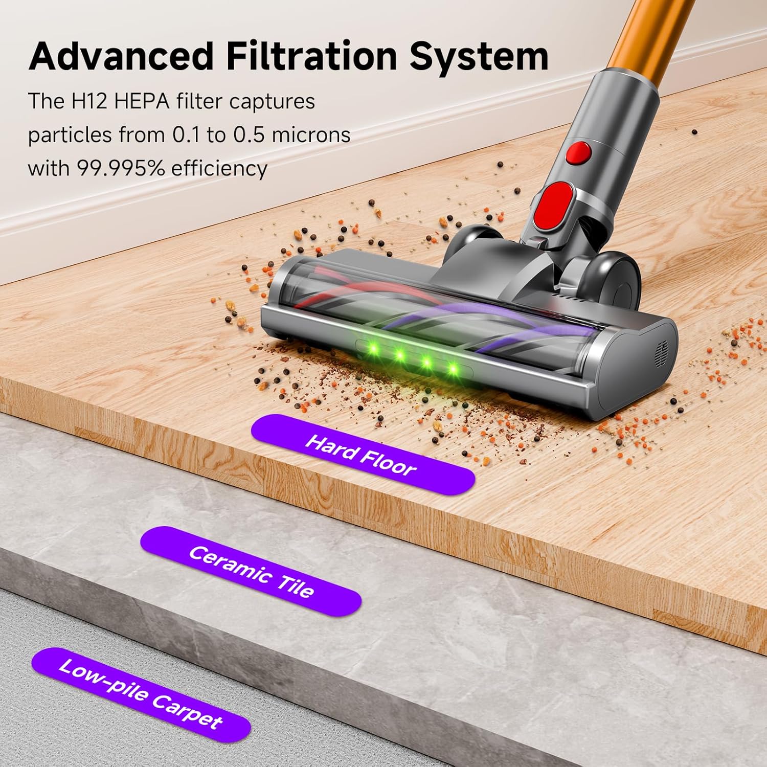 Cordless Stick Vacuum Cleaner, 38Kpa Powerful Suction Vacuum Cleaner with LED Headlight, Detachable Battery, 8-in-1 Lightweight Handheld Vacuums for Pet Hair Carpet and Hardwood Floor, Purple