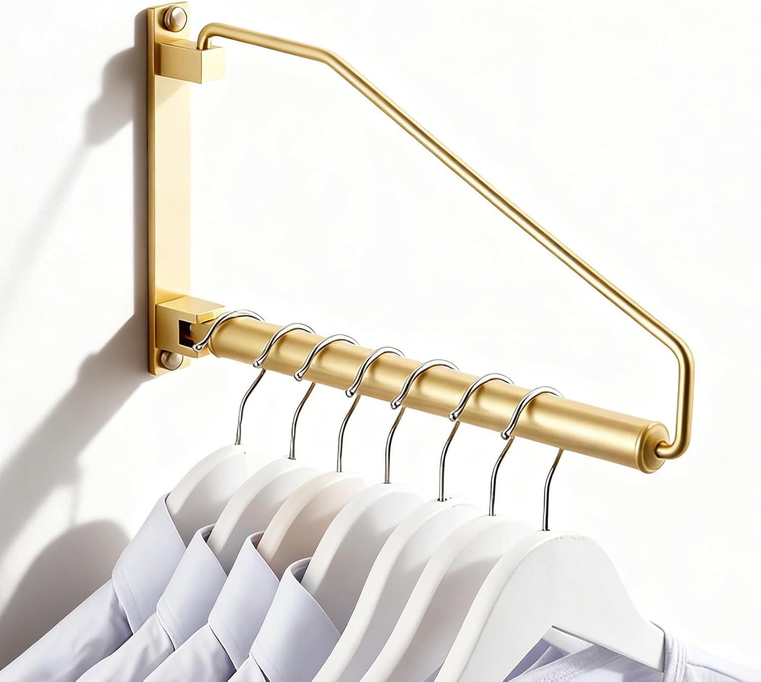 NEWRAIN Folding Wall Mounted Clothes Hanger Rack Clothes Hook Solid Brass with Swing Arm Holder Clothing Hanging System Closet Storage Organizer Heavy Duty Drying Rack Wall Mount,Brushed Gold