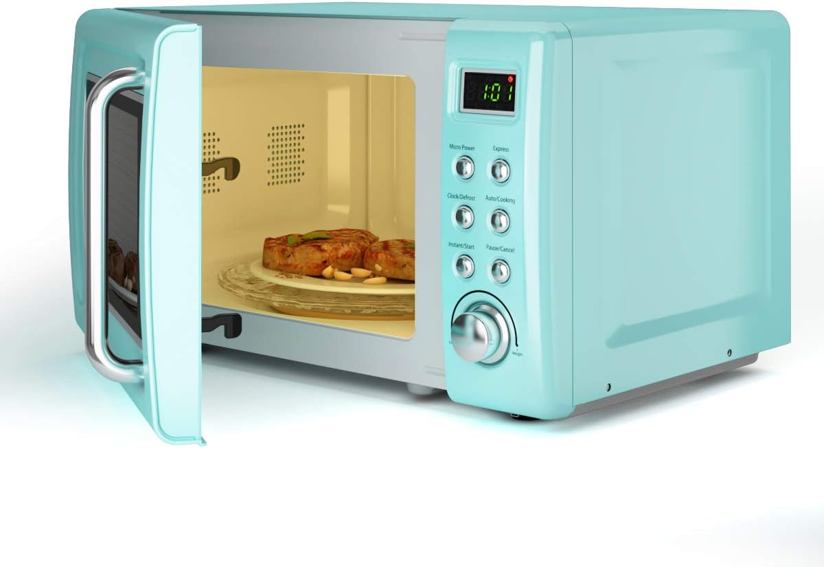 Retro Microwave Oven,Safeplus 0.7Cu.ft, Countertop 700W Microwaves with Cold Rolled Steel Plate 5 Micro Power Defrost & Auto Cooking Function LED Display Glass Turntable and Viewing Window Child Lock