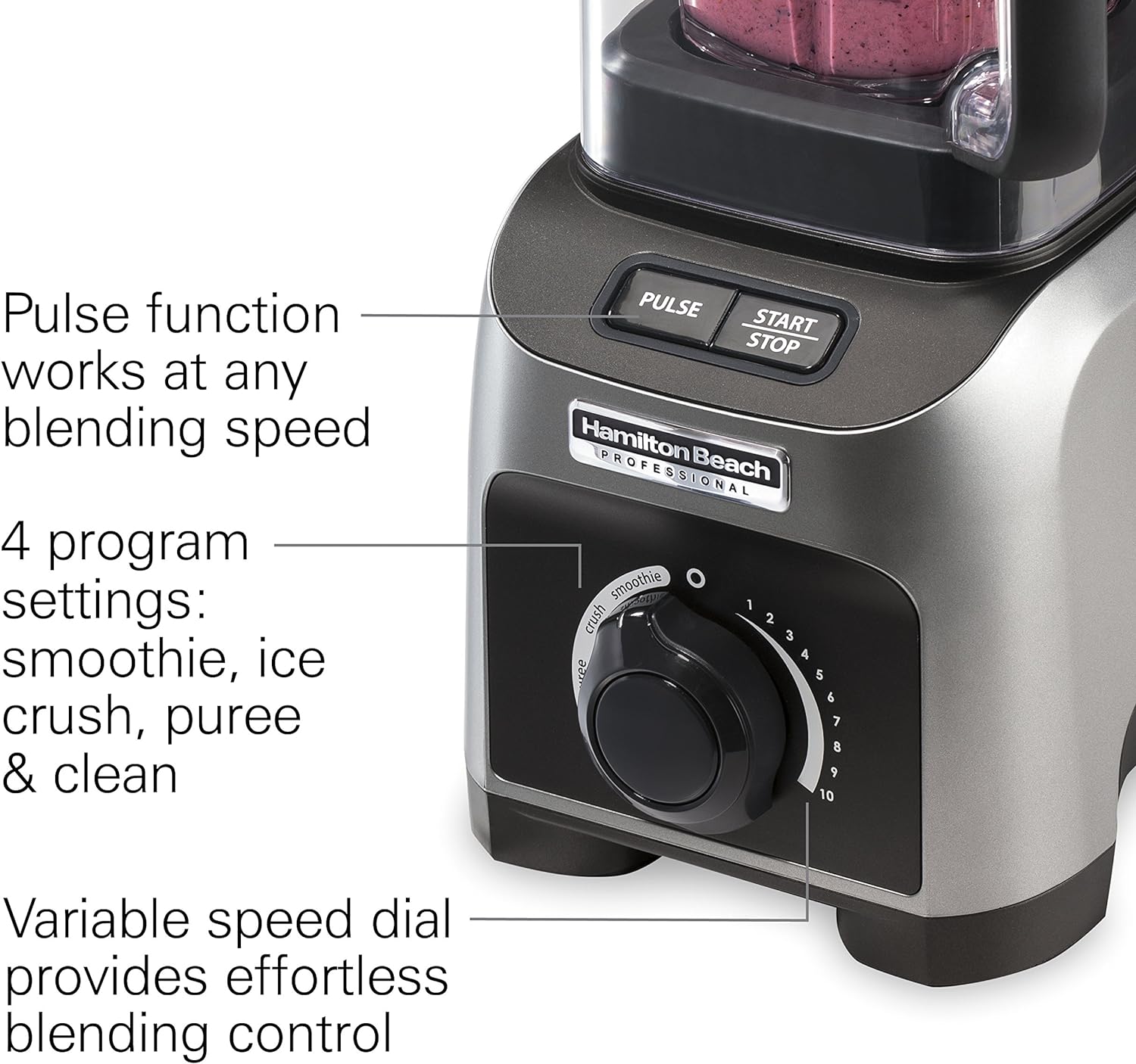 Hamilton Beach Professional Quiet Shield Blender, 1500 Watts Peak Power, 32oz BPA Free Jar, 4 Programs & Variable Speed Dial for Smoothies, Ice Crush, Puree, Silver (58870)