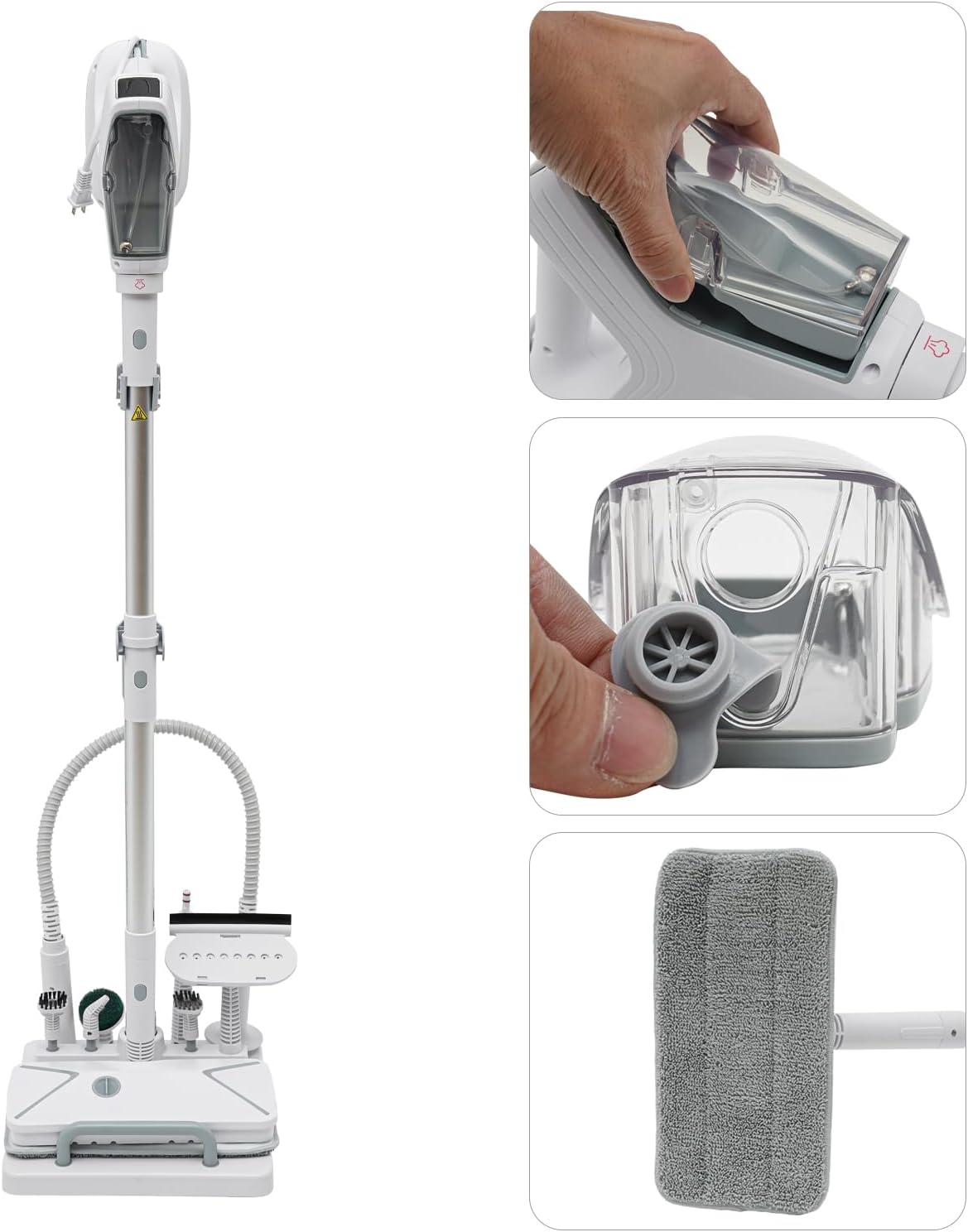 Steam Mop Cleaner 1300W Electric Steam Mop with Cord Wrap Box and Clean Kit, 2 Steam Levels Adjustable Handheld Steam Cleaner for Living Room Kitchen Bedroom White+Silver 120V 140°C