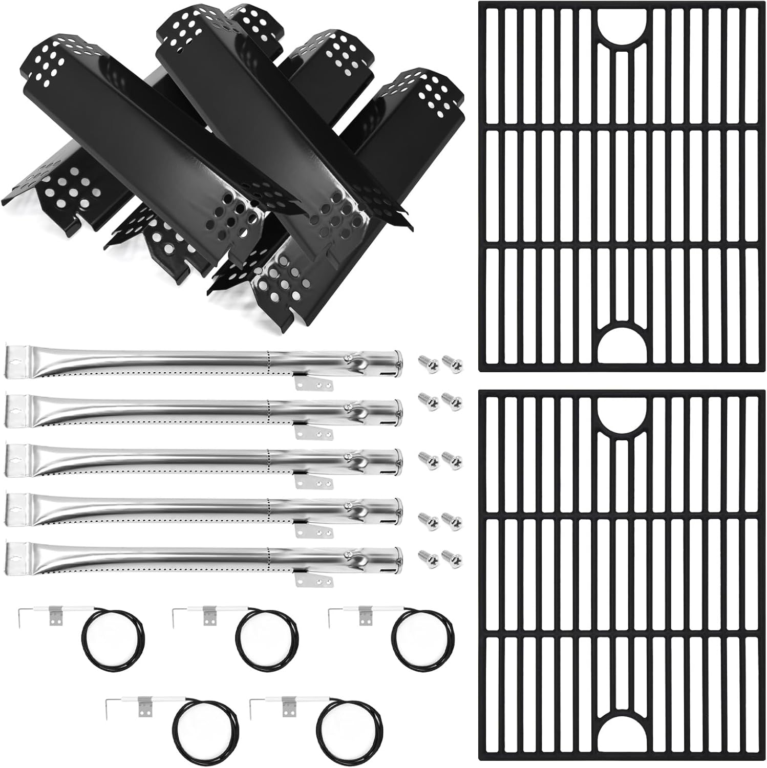 Grill Parts for Nexgrill 5 Burner 720-0888 720-0888N 720-0888A,4 Burner Nex-grill 720-0830H 720-0830 Cast Iron Grill Grate, Porcelain Steel Heat Plate, Burner Replacement Kit for Home Depot Nex grill
