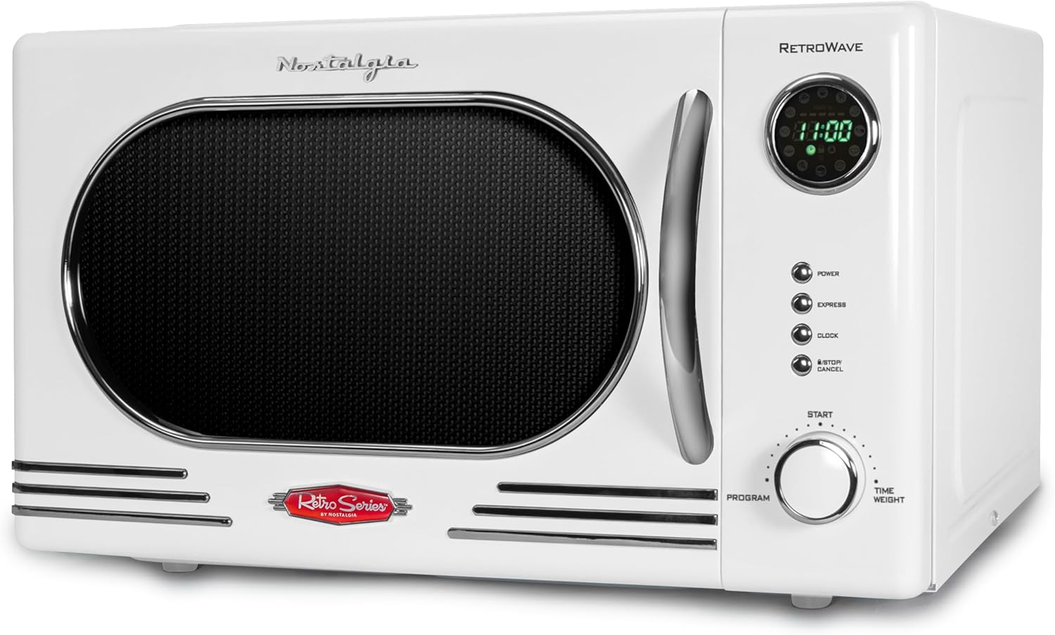 Nostalgia Retro Countertop Microwave Oven - 1.1 Cu Ft & 1000 Watt Power- Easy to Clean with Removable Glass Turntable - Child Safety Lock - 12 Programs - Digital Clock - White