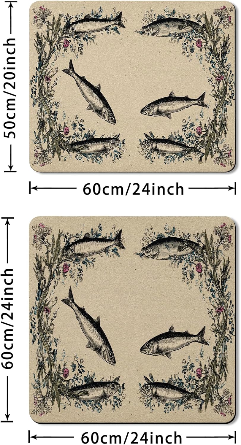 Vintage Fish Washer Dryer Top Protector Mat, Retro Aquatic Design Laundry Machine Dust Covers, Nature Inspired Rubber Anti-slip Waterproof Washer And Dryer Mats for Home 24x24 Inch