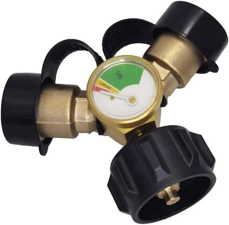 Propane Tank Y Splitter Adapter 2 Way LP Gas Tee Connector QCC1 Tank T Adapter with Gauge for 5-100lb BBQ Grills Camping Stoves
