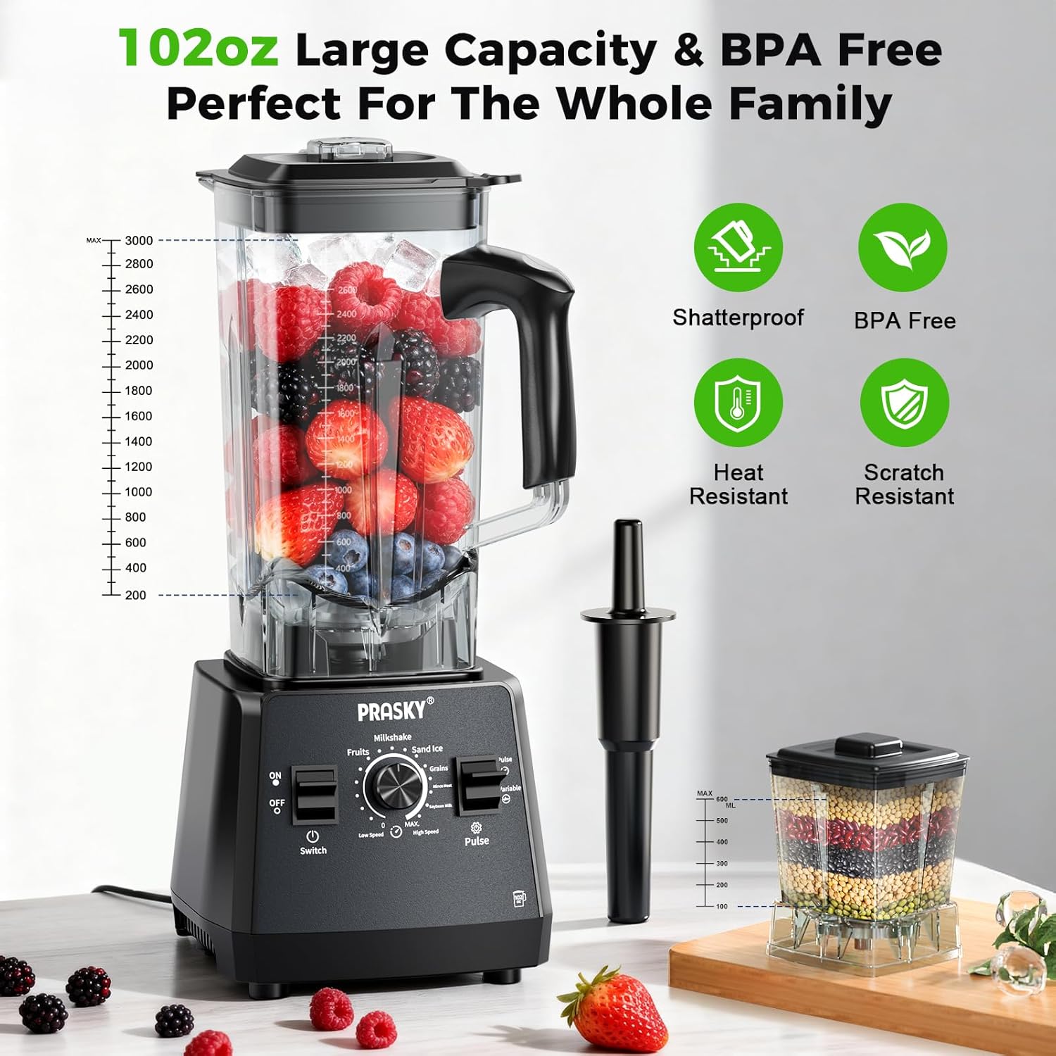 Blenders for Kitchen, Smoothie Blender Large Capacity, 2400W PRASKY Countertop Blender with 101oz Juice & Grinder Jar, BPA-Free, 25000 RPM Blender for Smoothies, Ice, Frozen Fruit (Gray, 3L)
