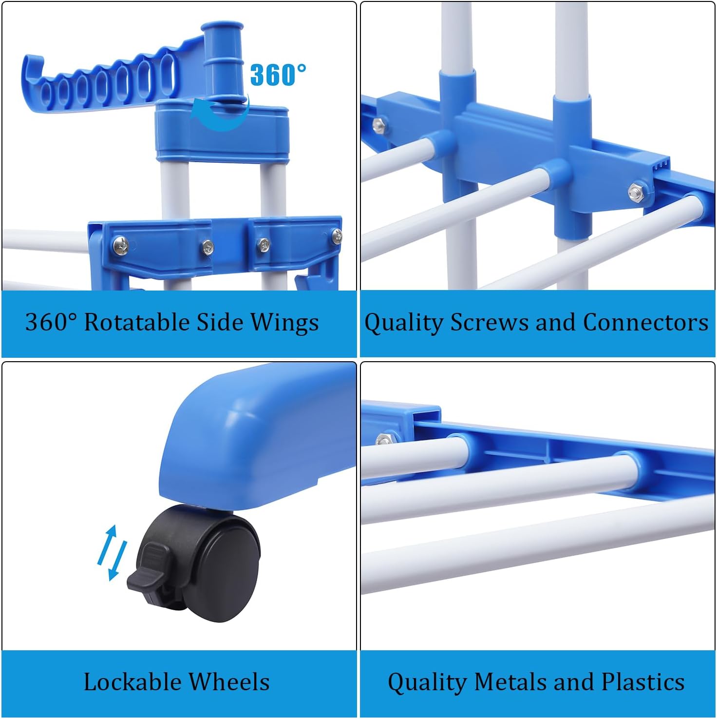 Clothes Drying Rack,4-Tier Collapsible Laundry Rack,Stand Garment Drying Station with Wheels,Stainless Steel Laundry Garment Dryer Stand with Two Side Wings,Blue