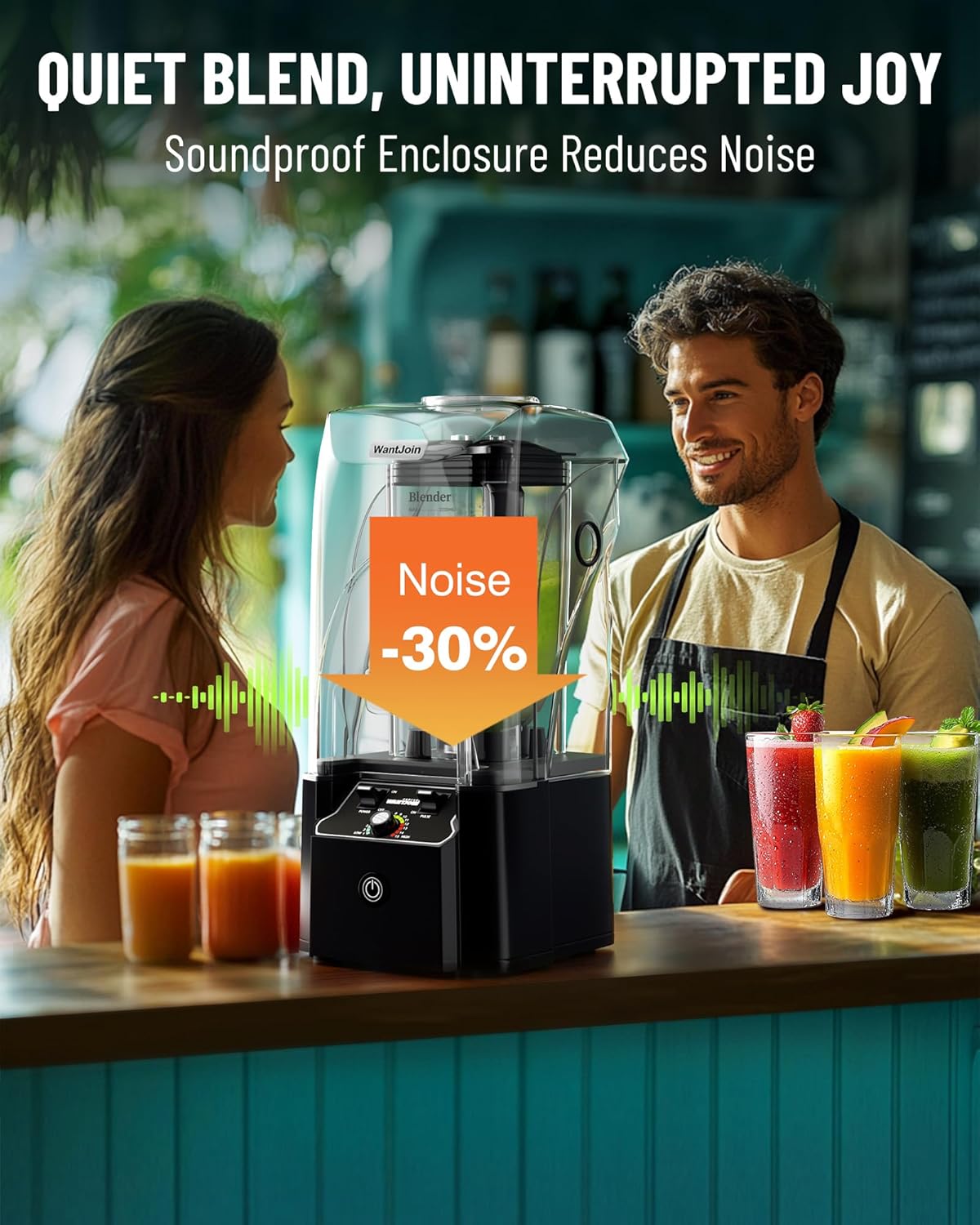WantJoin Professional Commercial Blender With Shield Quiet Sound Enclosure 2200W Industries Strong and Quiet Professional-Grade Power, Self-Cleaning, Black