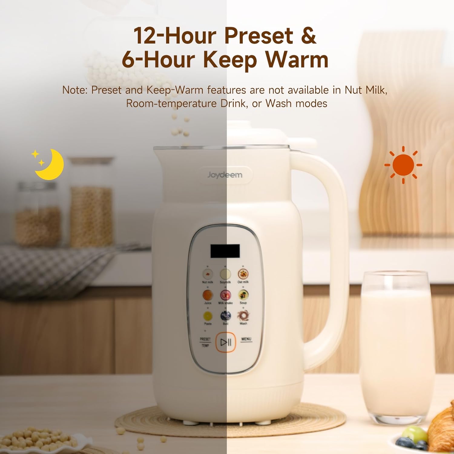 Joydeem Nut Milk Maker Machine,Adjustable Temperature Control, 46oz Almond, Soy, Oat, Coconut Plant-Based Non-Dairy Beverage Blender with 10 Blades, Auto Clean, Boil Water, Timer, Keep Warm, White