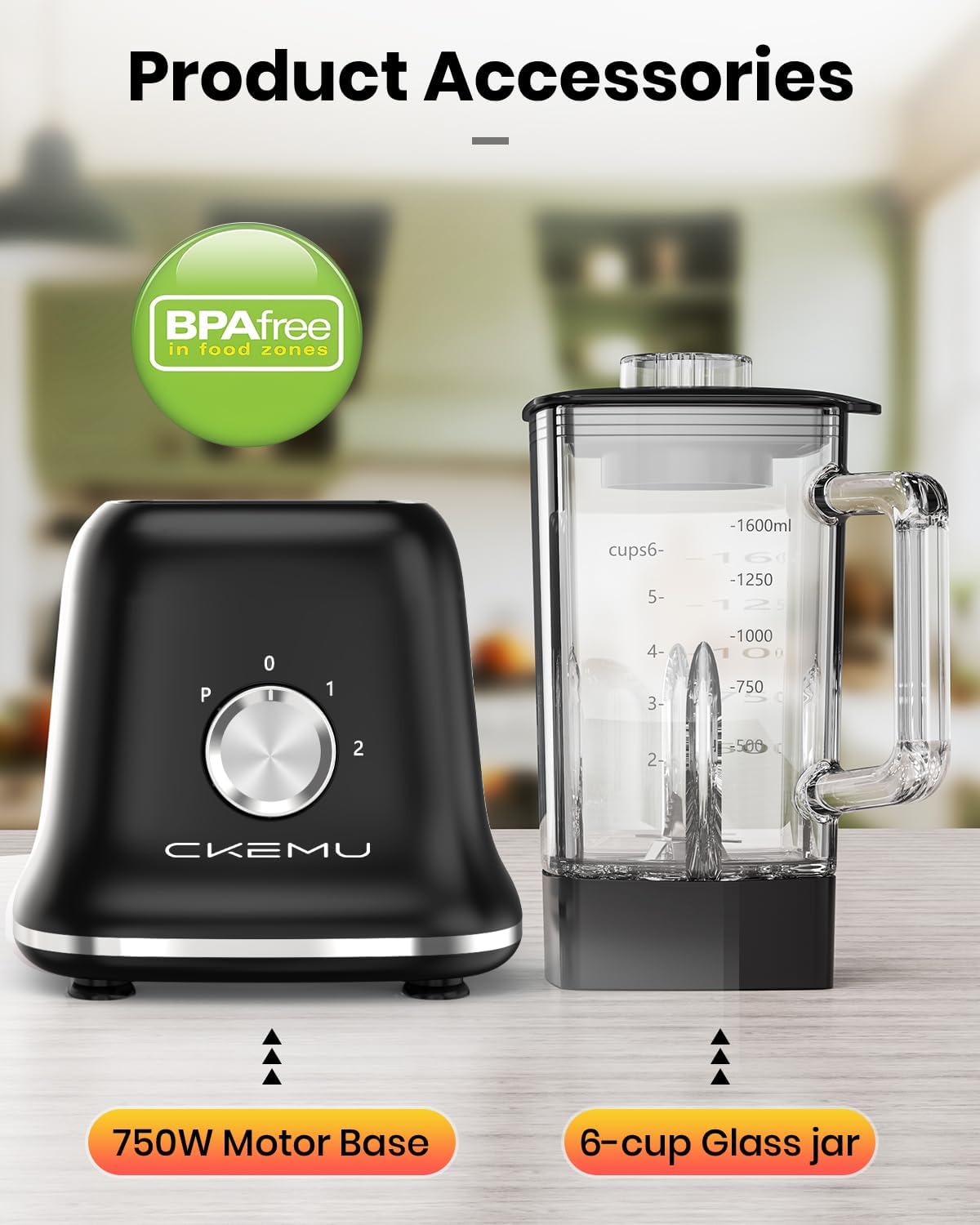 Professional Blender For Smoothies, 58 Oz Glass Jar, Glass Blender Including Puree & Crush Ice Functions, 750 Watts, With Portable Travel Cup B02 (Black)