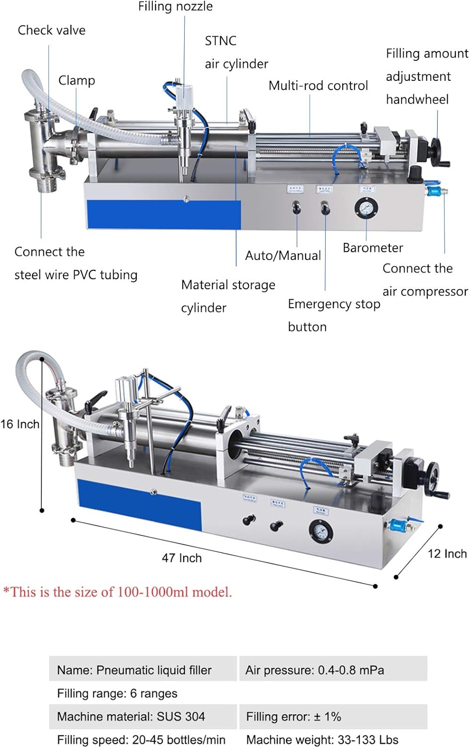 Hanchen Pneumatic Liquid Filling Machine Fully Pneumatic Liquid Dispenser Horizontal Piston Filler for Engine Oil, Honey, Laundry Detergent, Shampoo, Shower Gel (500-5000ml (16.9-169 oz))