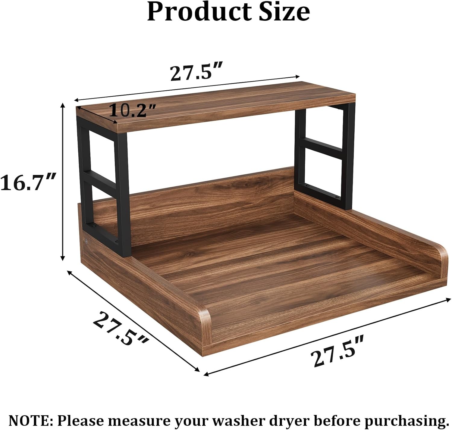 Washer Dryer Countertop with Shelf, 27.5″D x 27.5″W x 16.7″H, Countertop for Washer and Dryer Top with Non-Slip Pads and Edge Rails, Laundry Room Storage and Organization(Walnut)