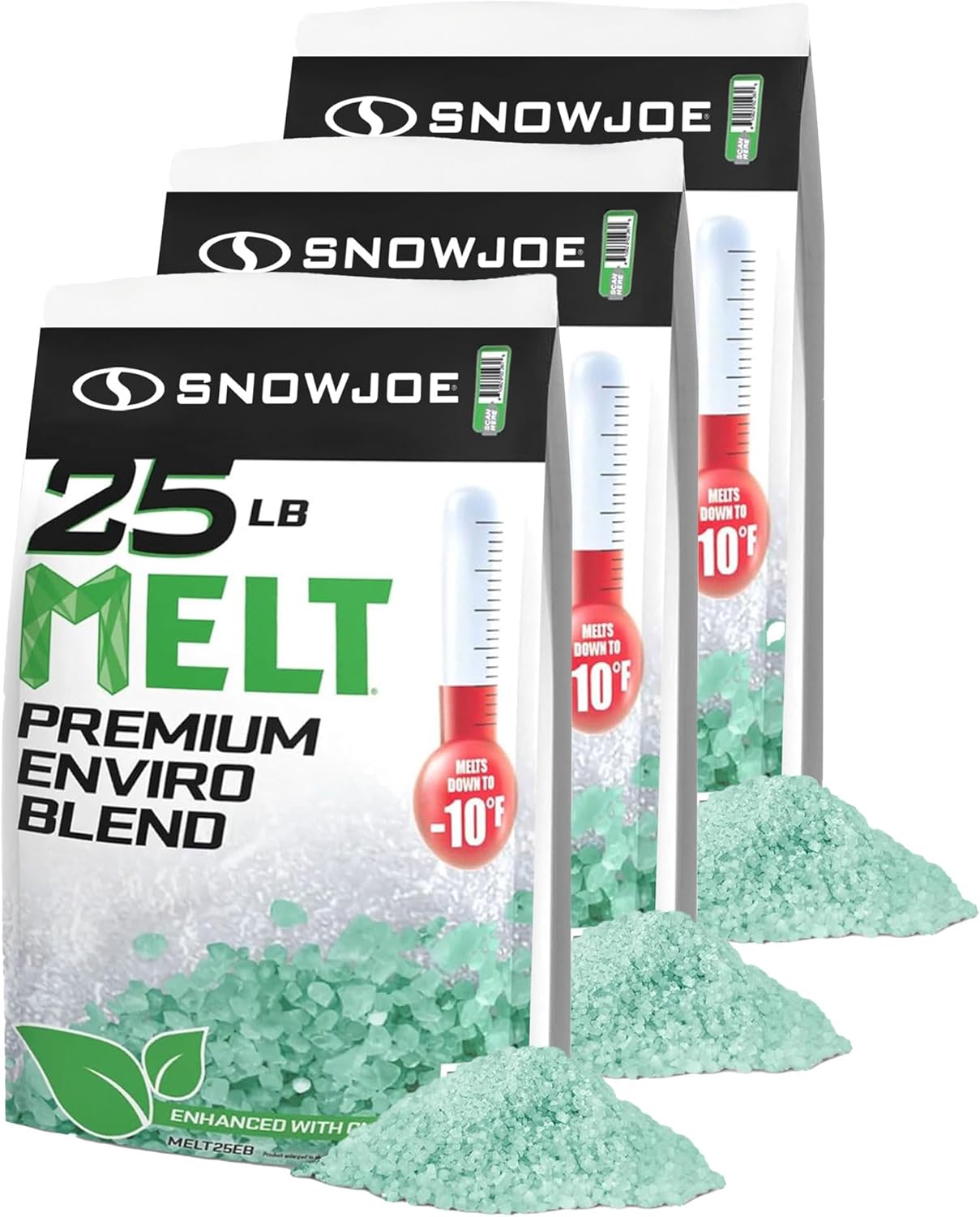 Snow Joe 3 Pack Premium Enviro Blend Snow & Ice Melt, Green-Coated Deicer Crystals, 25 lb - Safer Melter for Vegetation, Concrete & Metals
