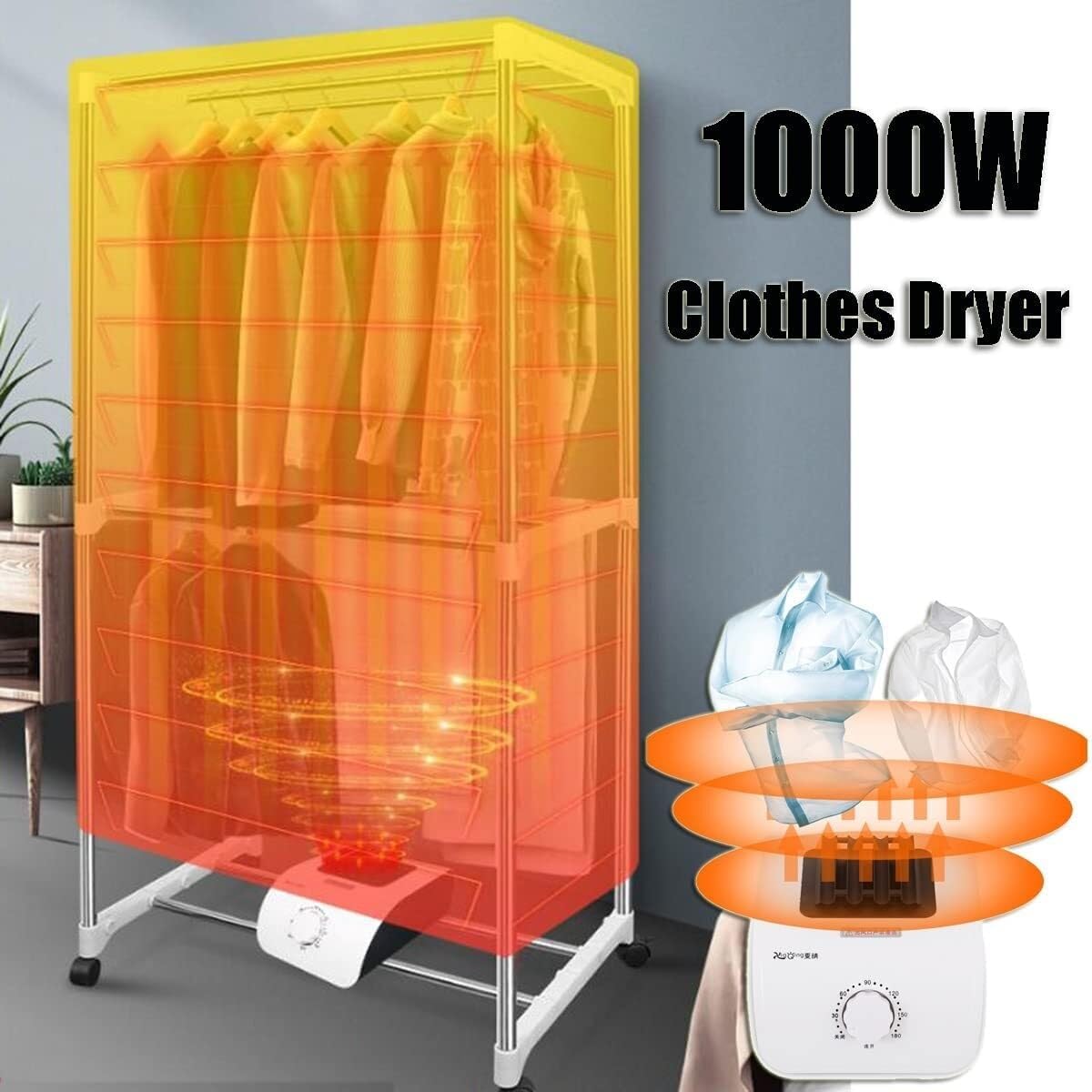 Heated Clothes Dryer Indoor Stainless Steel Wardrobe with Dustproof/Waterproof Cover, Laundry Airer Heater Clothing Drying Rack